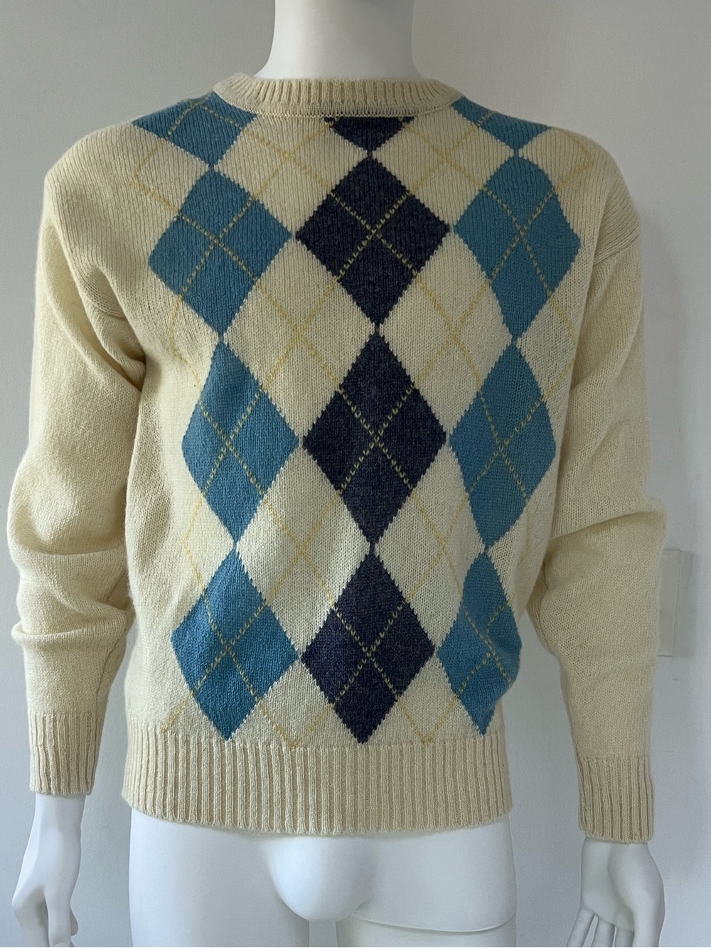 Woolmark Argyle Crewneck Sweater pure virgin wool Made in Korea Timeless